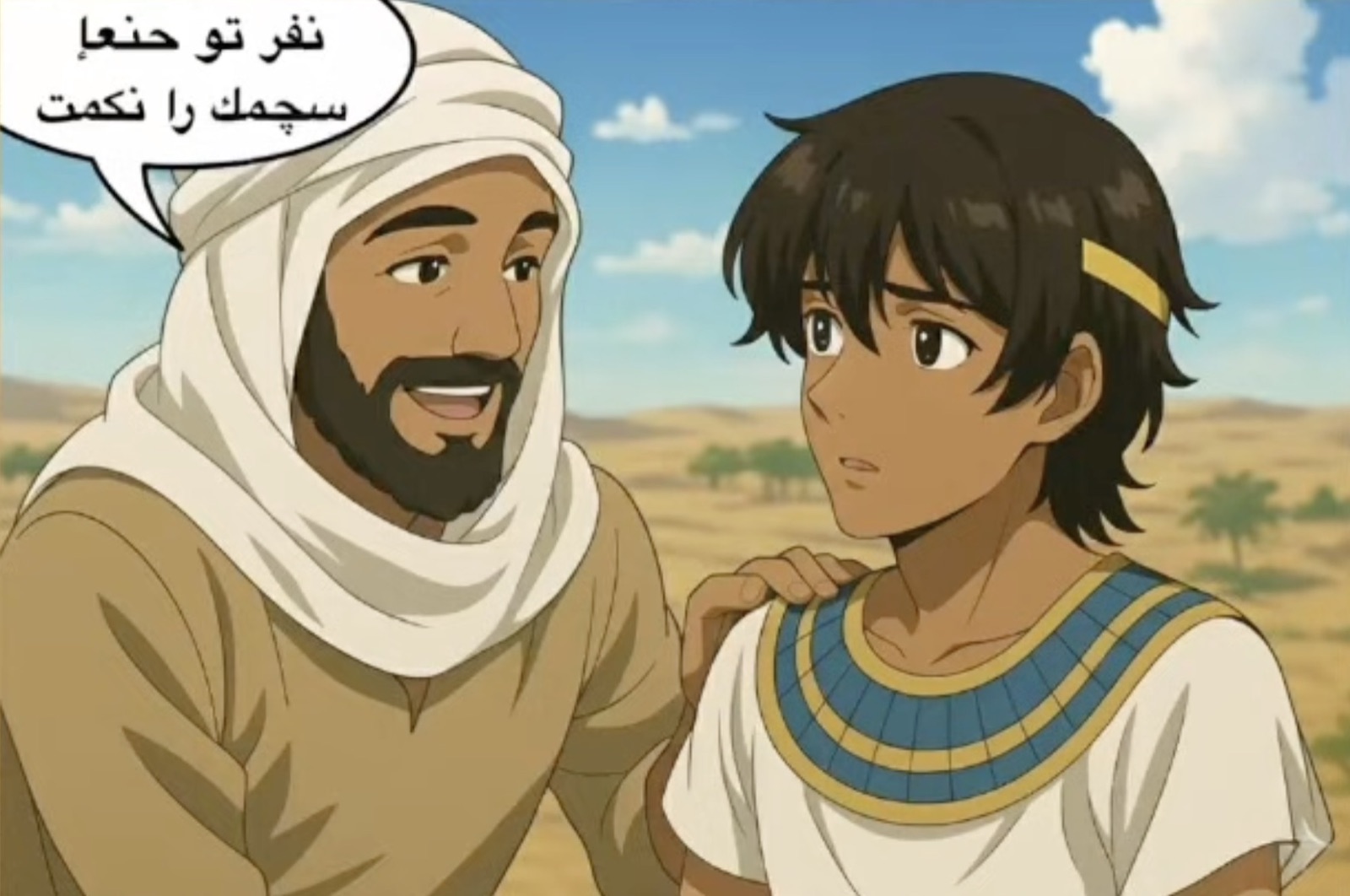 رسم كرتوني لشيخ بدوي آسيوي يربّت على كتف سنوحي ويحدّثه بعبارة مصرية قديمة مكتوبة بحروف عربية في فقاعة كلام